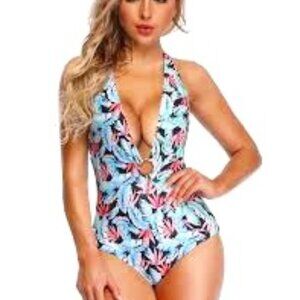 PASTEL FLORAL BLACK PLUNGE V-NECK HALTER TIE ONE PIECE SWIMSUIT SIZE MEDIUM NWT